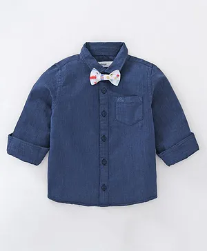Babyoye Cotton Woven Full Sleeves Solid Party Shirt With Bow - Blue