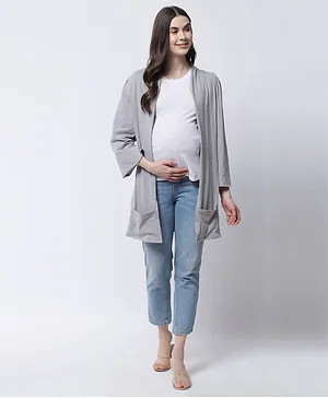 The Vanca Three Fourth Sleeves Solid Maternity Pocket Detail Short Shrug - Grey