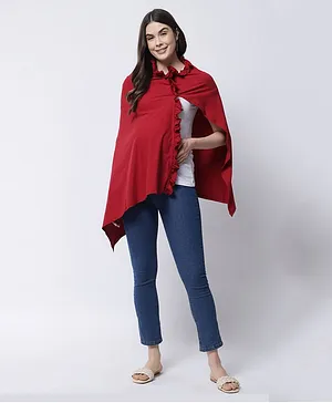 The Vanca Full Sleeves Solid Waterfall Style And Frill Detail Maternity Wrap Top With Feeding Access - Red