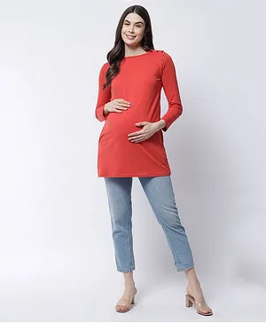 The Vanca Full Sleeves Solid Maternity Top With Feeding Access - Red