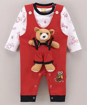 Wow Clothes Bear Applique Dungaree With Full Sleeves T-Shirt Printed - Red White