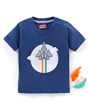 Babyhug Half Sleeves Cotton T-Shirt Rocket & Indian Flag Print - Navy Blue