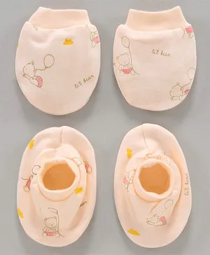 Simply Cotton Mittens And Booties Bear Print - Orange