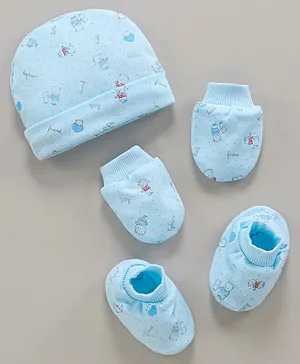 Simply Cotton Knit Cap Mitten & Booties Teddy Print Blue - Cap Diameter 10 cm