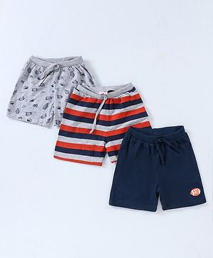 Babyhug Cotton Knit Mid Thigh Length Shorts Rugby Print Pack of 3 - Navy Blue, Red & Grey