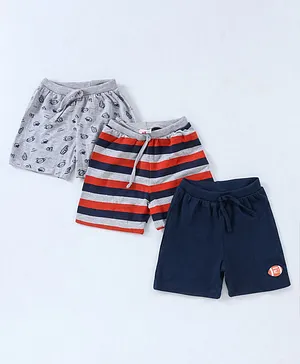 Babyhug Cotton Knit Mid Thigh Length Shorts Rugby Print Pack of 3 - Navy Blue, Red & Grey