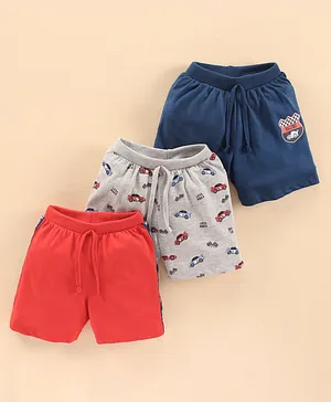 Babyhug Cotton Knit Mid Thigh Length Shorts Multiprint Pack Of 3 - Navy Red Grey