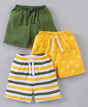 Babyhug Mid Thigh Length Knit Cotton Shorts Stripes & Tree Print Pack of 3- Yellow White Green