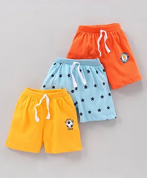 Babyhug Cotton Knit Mid Thigh Length Shorts Multiprint Pack Of 3 - Orange Yellow Blue