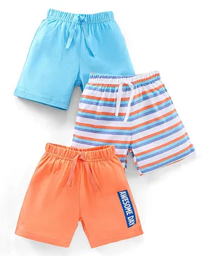 Babyhug Cotton Knit Mid Thigh Length Striped Shorts Pack of 3 - White Orange Blue