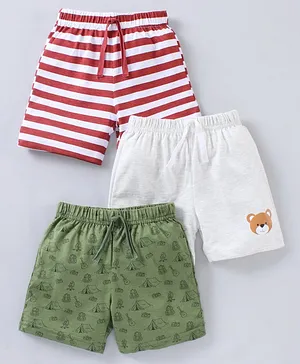 Babyhug Mid Thigh Length Knit Cotton Shorts Printed Pack of 3- Grey White Olive