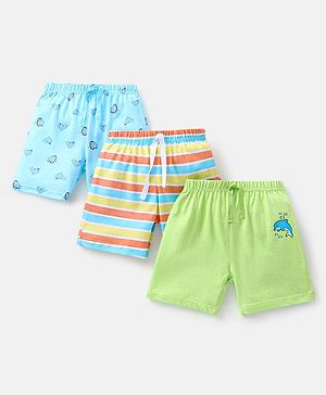 Babyhug Cotton Knit Mid Thigh Length Shorts Dolphin Print Pack of 3 - Lime Green White & Blue