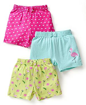 Babyoye Eco Conscious Cotton with Eco Jiva Finish Shorts Flamingo & Hearts Print - Blue Pink & Green