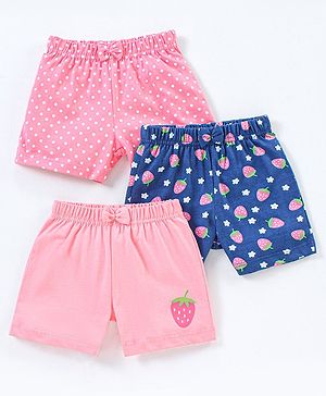 Babyhug Cotton Knit Mid Thigh Length Short Strawberry Print Pack of 3 - Pink & Navy Blue