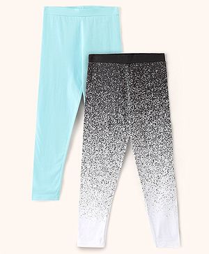Pine Kids Full Length Stretchable and Biowash Cotton Leggings Solid & Artistic Print Pack Of 2 - Black Blue