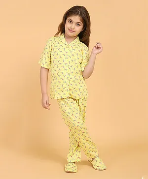 Piccolo Half Sleeves All Over Birds Printed Night Suit With Slippers -Yellow