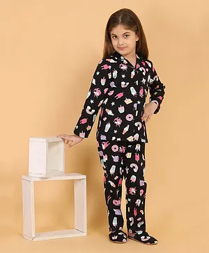 Piccolo Full Sleeves Ice Cream Donuts & Cake Printed Night Suit  With Slippers - Black
