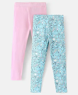 Pine Kids Cotton Ankle Length Biowashed  Stretchable All Over Printed & Solid Color Leggings Pack Of 2 - Blue Pink