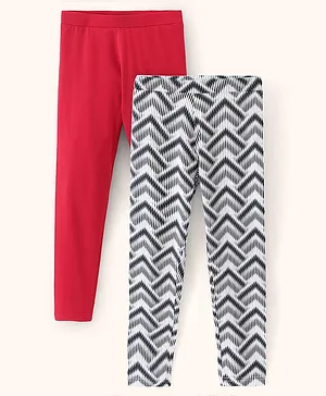 Pine Kids Full Length Cotton Biowashed Stretchable Leggings Geometric Print & Solid Pack Of 2 - White & Pink