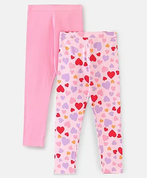 Pine Kids Full Length Stretchable and Biowash Cotton Leggings Heart Print with Solid Pack of 2 - Pink