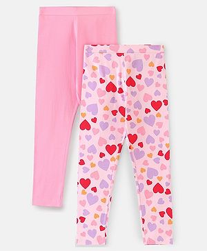 Pine Kids Full Length Stretchable and Biowash Cotton Leggings Heart Print with Solid Pack of 2 - Pink