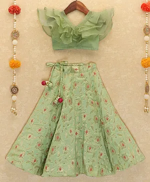 Piccolo Short Frill Sleeves Ruffle Detail Choli & Floral Printed Lehenga - Green