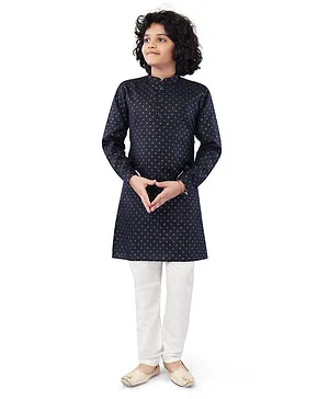 Nakshi By Yug Full Sleeves Ethnic Motif Printed Kurta & Pajama Set - Navy Blue & Off White
