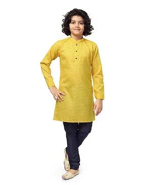 Nakshi By Yug Full Sleeves Checkered Kurta & Solid Churidar Set - Yellow & Navy
