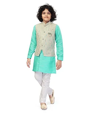 Nakshi By Yug Full Sleeves Kurta With Floral Trellis Print Jacquard Jacket & Solid Pajama - Blue