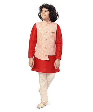 Nakshi By Yug Full Sleeves Solid Kurta & Pajama With Floral Embroidered Asymmetrical Jacquard Jacket - Red & Pink