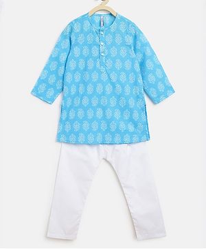 Campana Full Sleeves Paisley Print Kurta With Pyjama - Sky Blue White