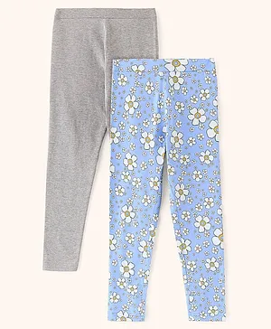 Pine Kids Full Length Stretchable and Biowash Cotton Leggings Floral Print with Solid Pack Of 2 - Blue Grey