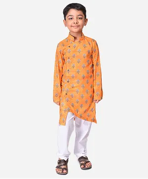 Namaskar Full Sleeves Floral Motif Printed Asymmetric Surface Kurta - Yellow