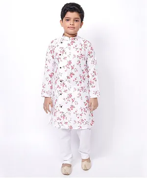 Namaskar Cotton Full Sleeves Floral Print Kurta - White