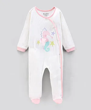 Bonfino Cotton Full Sleeves Footed Sleepsuit In Pointelle Fabric Seahorse Print- Pink