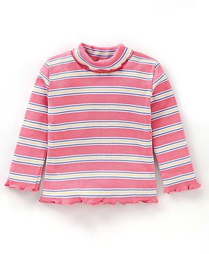 Babyhug Cotton Lycra Rib Knit Full Sleeves Striped Skivi Tee - Pink