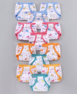 Babyhug Muslin Cotton Reusable Velcro Printed Cloth Nappies Medium Set of 12 - Multicolor