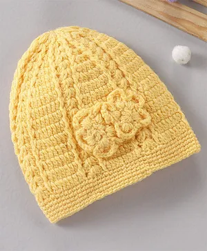 Babyhug Woolen Cap Floral Design Mustard - 12 cm