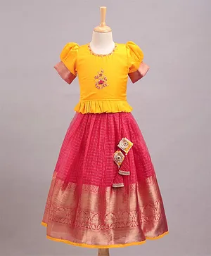 Teentaare Half Sleeves Embroidered Lehenga Choli - Yellow Pink