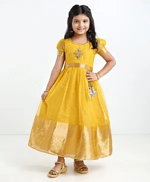 Teentaare Cotton Puffed Sleeves Ethnic Dress With Embroidery- Mustard Yellow