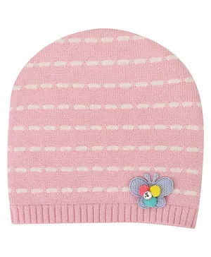 Kid-O-World Butterfly Patched Broken Striped Beanie - Light Pink