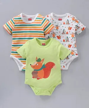 Babyhug 100% Cotton Half Sleeves Onesies Striped And Squirrel Print Pack of 3 - Multicolour