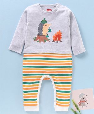 Babyhug Cotton Knit Full Sleeves Printed Romper - Grey