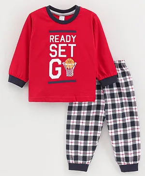 Pink Rabbit Full Sleeves Cotton Tee & Lounge Pants Text & Checks Print- Red