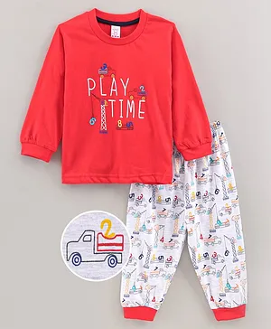 Pink Rabbit Full Sleeves Cotton Tee & Lounge Pants Play Time Print- Red