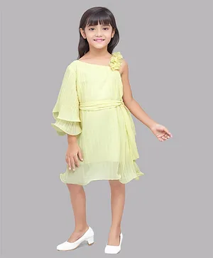 PinkChick One Shoulder Layered Full Sleeve Accordion Pleated Ruffle Detailed Flared Dress - Yellow