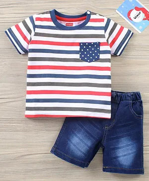 Babyhug Cotton Knit to Denim Half Sleeves Striped Tshirt & Short - Multicolour