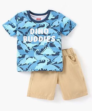 Babyhug Cotton Half Sleeves T-Shirt & Shorts Set Dino Print- Blue Beige
