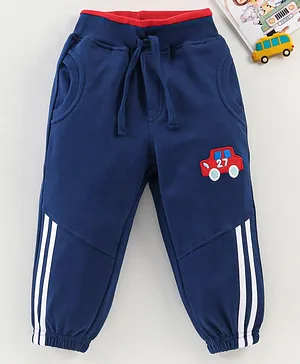 Kookie Kids Terry Full Length Car Embroidery & Striped Lounge Pant - Navy