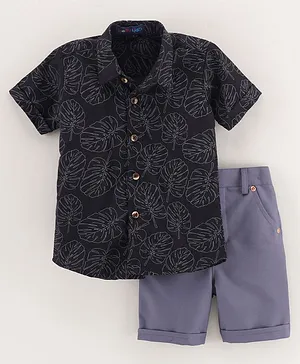 Knotty Kids Half Sleeves All Over Leaves Printed Shirt & Shorts Set - Black & Charcoal Grey